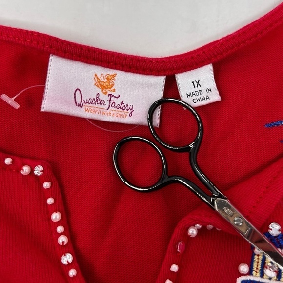 Quacker Factory Red Sequined Beaded Lighthouse Sailboat 3/4 Sleeve Cotton Top 1X - Picture 8 of 12